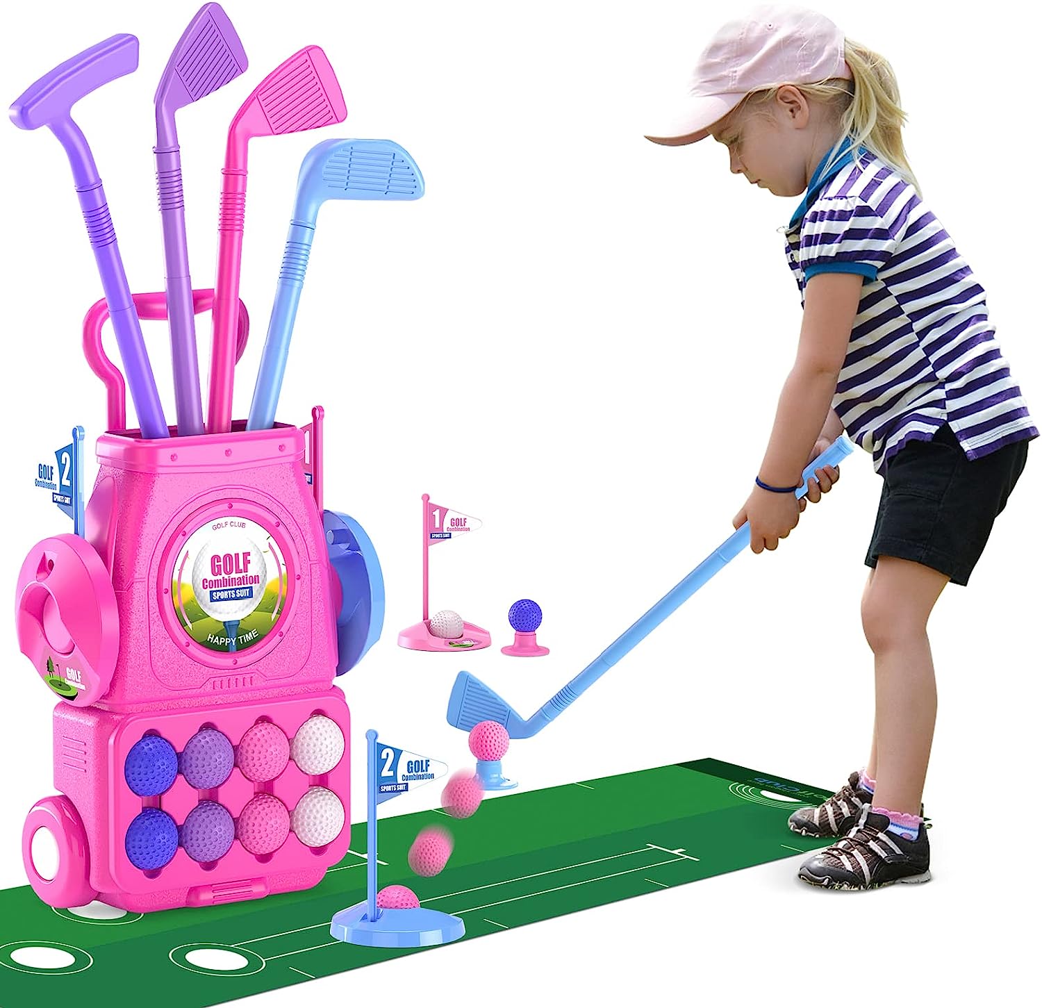 Kids Indoor Outdoor Cart - Pink Kids Golf Club Set with