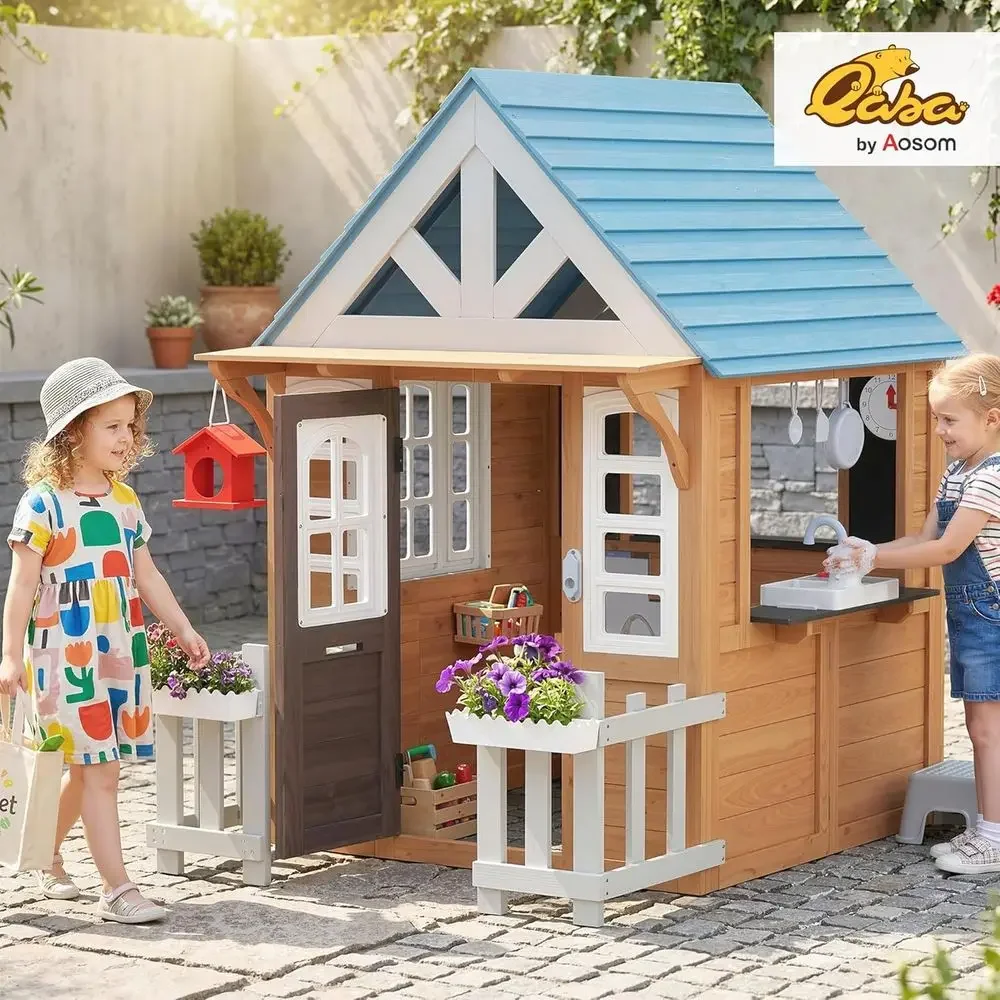 Qaba Outdoor Playhouse with Pe - огляд і ціна Kids Outdoor Wooden Playhouse